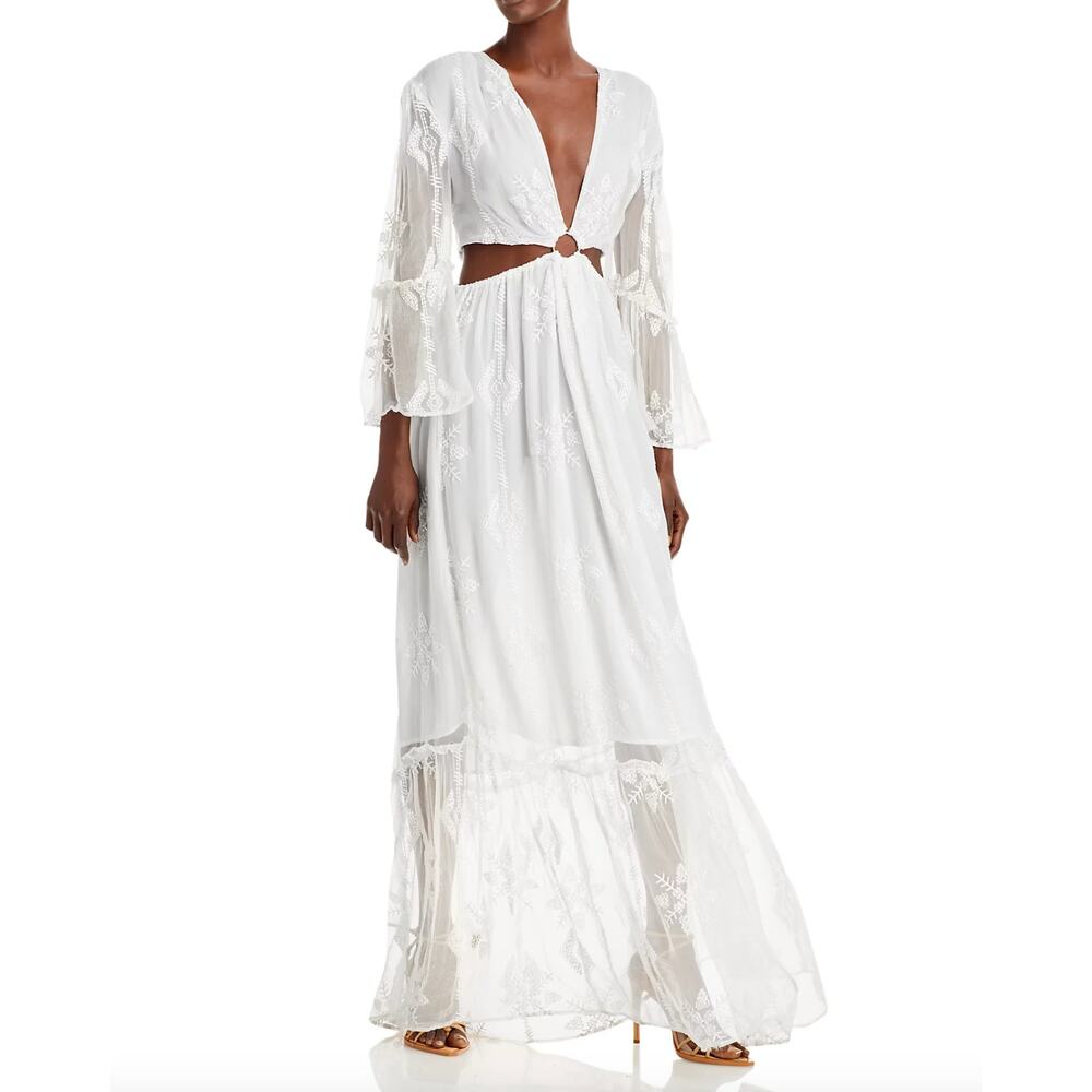 $546 Ramy Brook White Maxi Dress Womens Size L Long Sleeve Cut Out Gown New